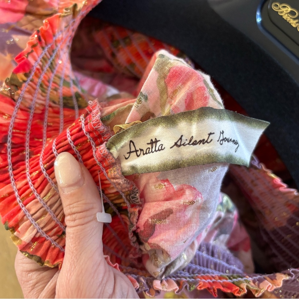 Aratta Rosaline Blouse Top Flowy Ruffle Off Shoulder Smocked Rose Floral Large - Picture 10 of 13